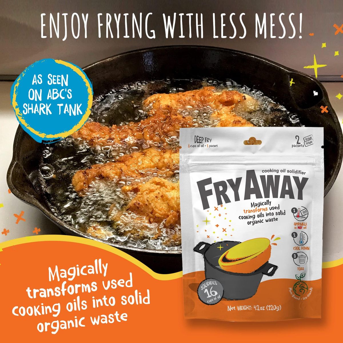 FryAway Deep Fry Cooking Oil Solidifier, Solidifies up to 16 Cups - Plant-Based Fry Away Powder, Hardener that Turns Used Oil to Hard Oil and Organic Waste - Easy to Use, Made in the USA