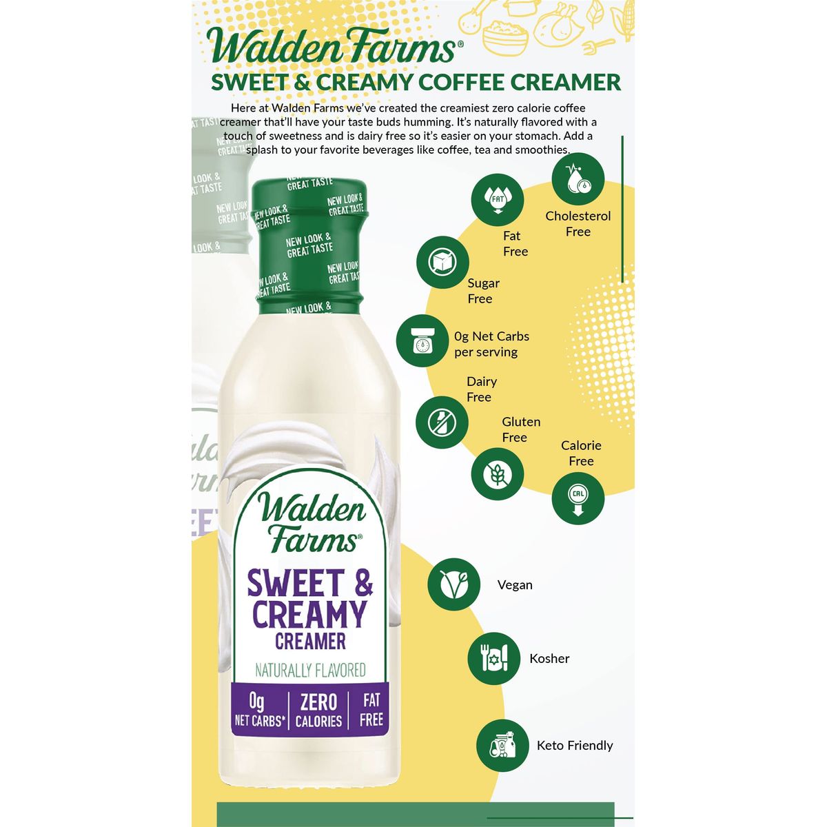 Walden Farms Sweet Cream Coffee Creamer 12 oz Bottle Fresh Flavored NonDairy Milk Substitute Natural and Organic Liquid Gluten Free and 0g Net Carbs Vegan Friendly 6 Pack Bottles