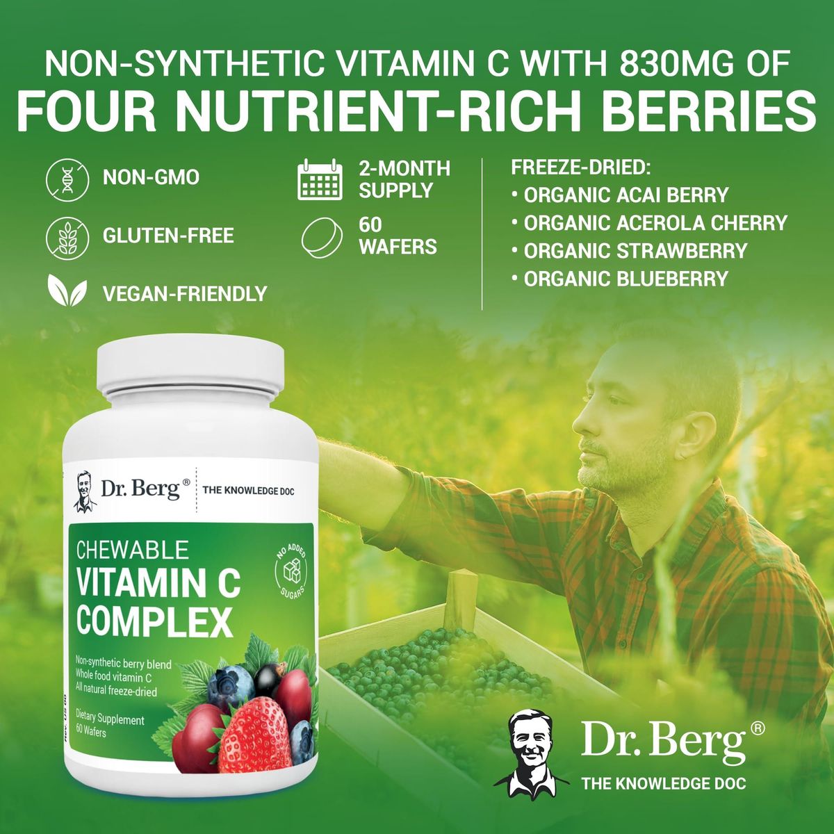 Dr. Berg&#39;s Vitamin C Complex Whole Food (60 Chewable) 100% Natural Vitamin C from Just 4 Berries, Non-GMO