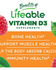 Lifeable Vitamin D for Kids 1000 IU - Great Tasting Natural Flavor Gummy Supplement - Gluten Free Vegetarian GMO Free Chewable - for Strong Healthy Bones and Immune Support - for Children 90 Gummies