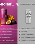 DECIBEL Prebiotic Energy Drink  Healthy Functional Energy Supports Gut Health and Digestion with 5g of Prebiotic Fiber No Added Sugar No Artificial Ingredients Variety 12 Cans