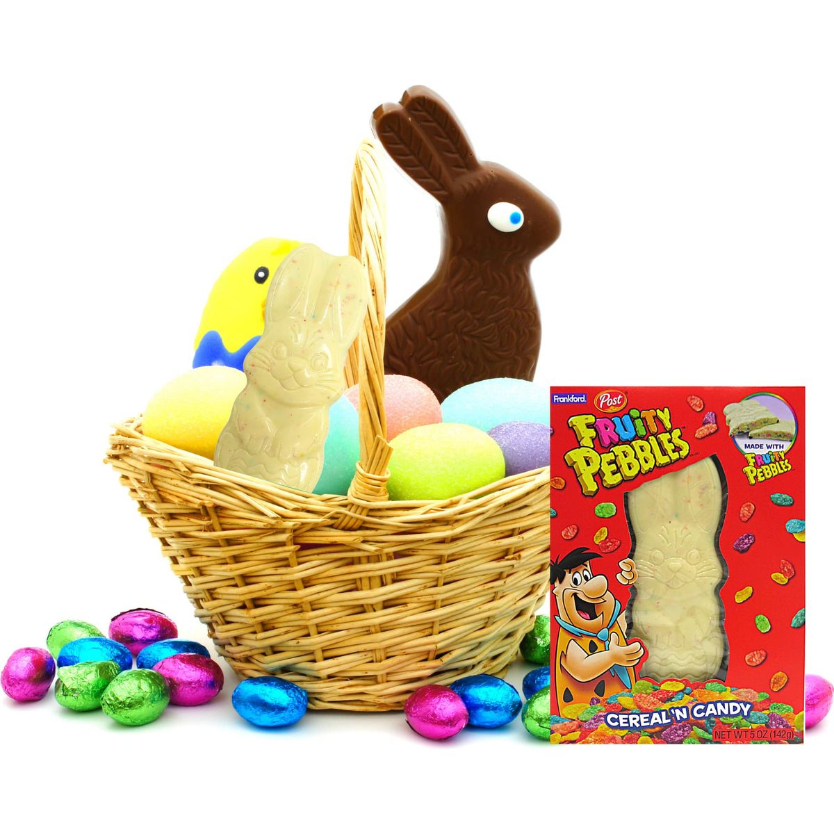 Fruity Pebbles Cereal N Candy Bunny Shaped Easter Bar King Size White Chocolate Rabbit Candies for Kids Basket Stuffer 5 Ounce