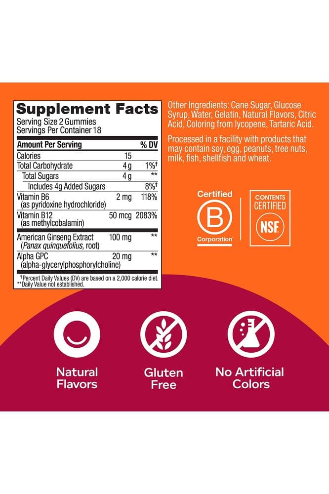 OLLY Laser Focus Gummy, Ginseng, Alpha GPC, B Vitamins, Berry Tangerine Flavor - 36 Count