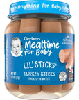 Gerber Mealtime for Baby Lil’ Stick, Turkey Sticks, Packed in Water, Baby Led Friendly, for Crawlers 10 Months & Up, 2.5 Ounce Glass Jar (Pack of 10 Jars)