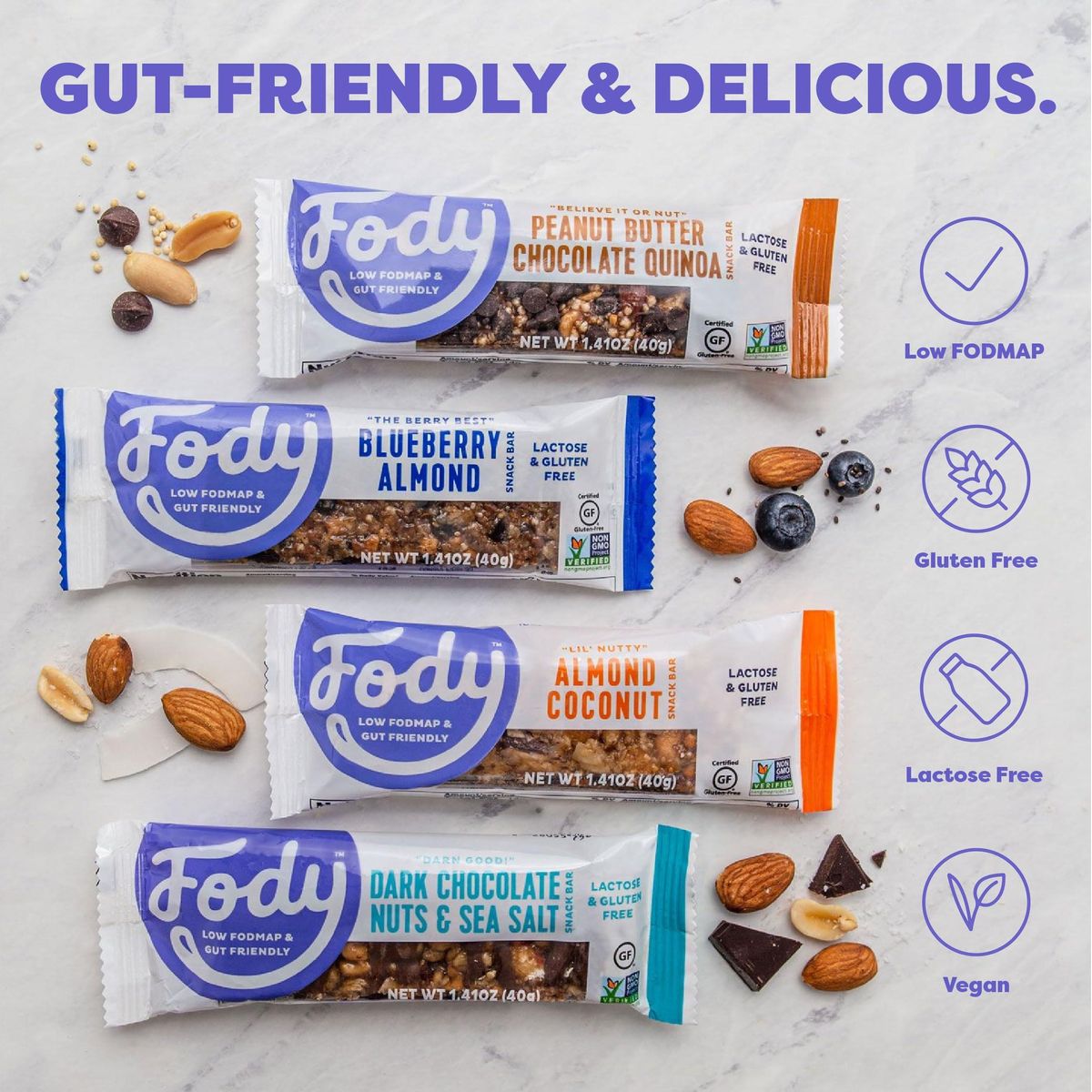 Fody Foods Vegan Protein Nut Bars, Blueberry Almond Flavor, 3g Protein per Bar, Low FODMAP Certified, Gut &amp; IBS Friendly, 6 Count