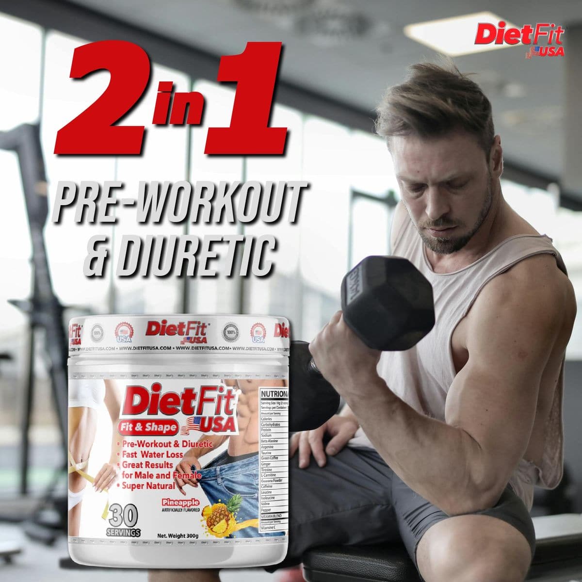 DIETFIT  Preworkout and Diuretic 300 Grams  Hydroboost 2in1  Preworkout  Diuretic  Intense Energy  Pineapple Flavor  30 Servings  Fitness Supplements