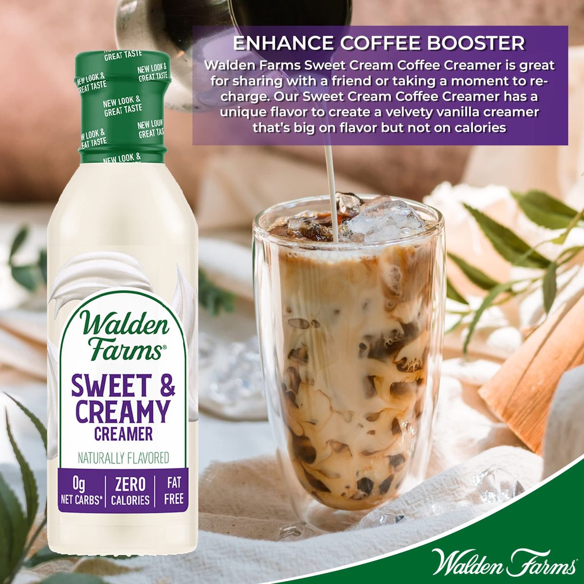 Walden Farms Sweet Cream Coffee Creamer 12 oz Bottle Fresh Flavored NonDairy Milk Substitute Natural and Organic Liquid Gluten Free and 0g Net Carbs Vegan Friendly 6 Pack Bottles