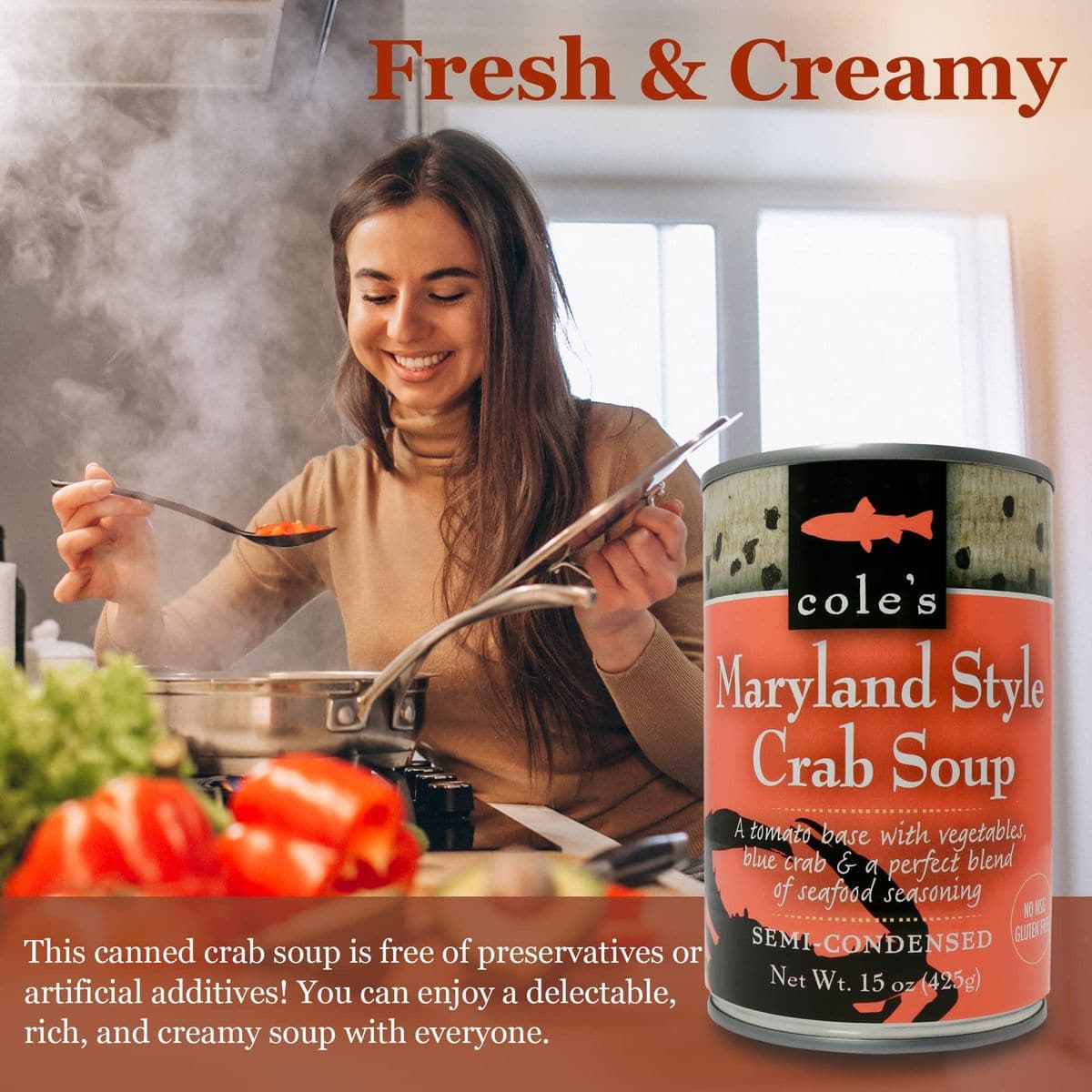 Coles Maryland Style Crab Soup with Vegetables Creamy Tomato Base with Red Crab and Perfect Blend of Seafood Seasoning SemiCondensed Soup