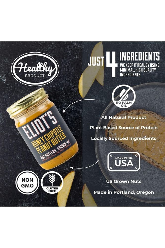 Eliot&#39;s Nut Butters Natural Low Sugar Crunchy Peanut Butter, Low Carb, Keto Friendly, Honey Chipotle, 12 Ounce