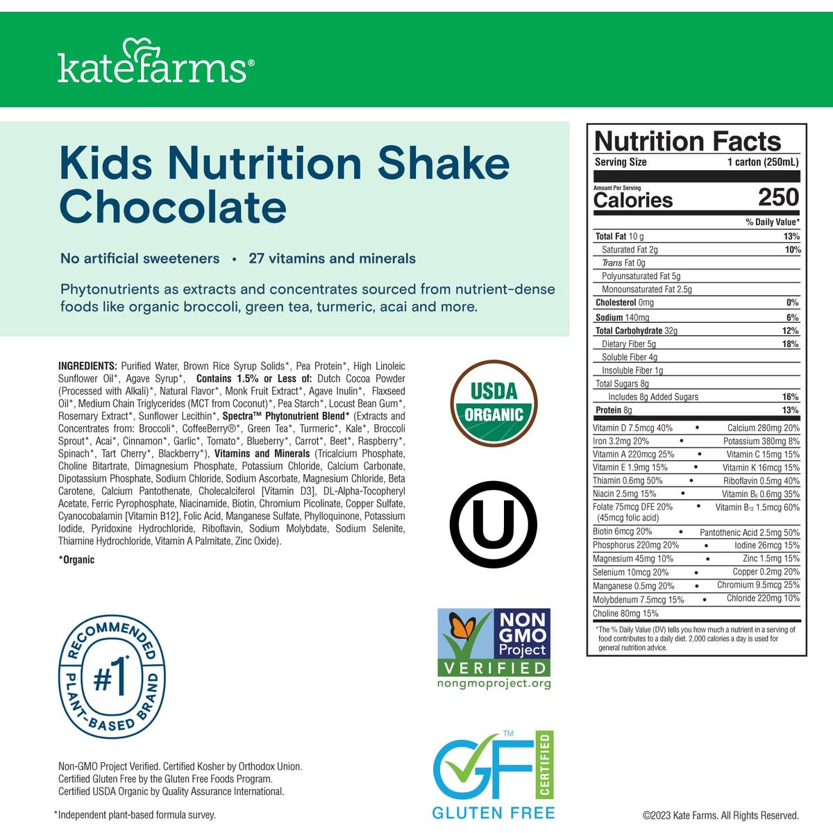 KATE FARMS Organic Kids Nutrition Shake Chocolate 8g protein 27 Vitamins and Minerals Meal Replacement Protein Shake Gluten Free NonGMO 845 oz 6 Pack