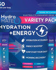 HydroMATE Electrolytes Powder Drink Mix Packets Hydration Accelerator Low Sugar Rapid Party Relief Recovery Vitamin C Plus Caffeine Variety Pack 90 Count