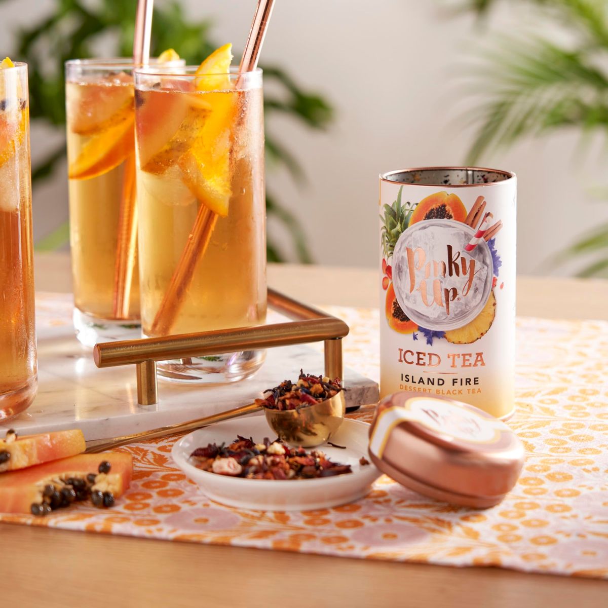 Pinky Up Island Fire Loose Leaf Iced Tea black tea blend with fruit 4060 mg caffeine naturally low calorie 40 ounce tin 25 servings