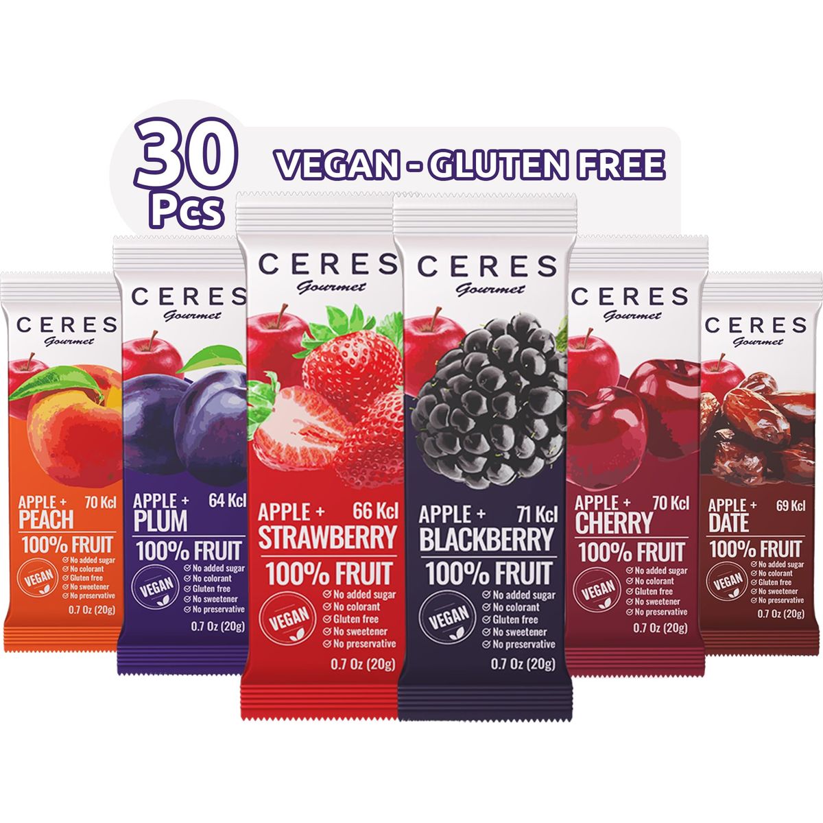 Fruit Strips Variety Pack 30 Pcs Vegan GlutenFree Fruit Leather Snacks Gift Box No Added Sugar 6 Flavor Healthy Snacks Strawberry Plum Peach Blackberry Persimmon and Cherry 07 Oz Strips