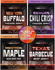 MaxJerky Jerky Variety Pack Montreal Maple Bacon Texas BBQ Beef Jerky New York Buffalo Chicken Jerky and Sichuan Chili Chicken Jerky 4 Pack