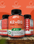 NutriFlair Vitamins D3 (5000iu/125mcg) + K2 (as Mk7) - Made with Plant-Based Ingredients Plus BioPerine Black Pepper Extract, 90 Capsules - Supports Healthy Immune, Heart and Health - Non-GMO Pills