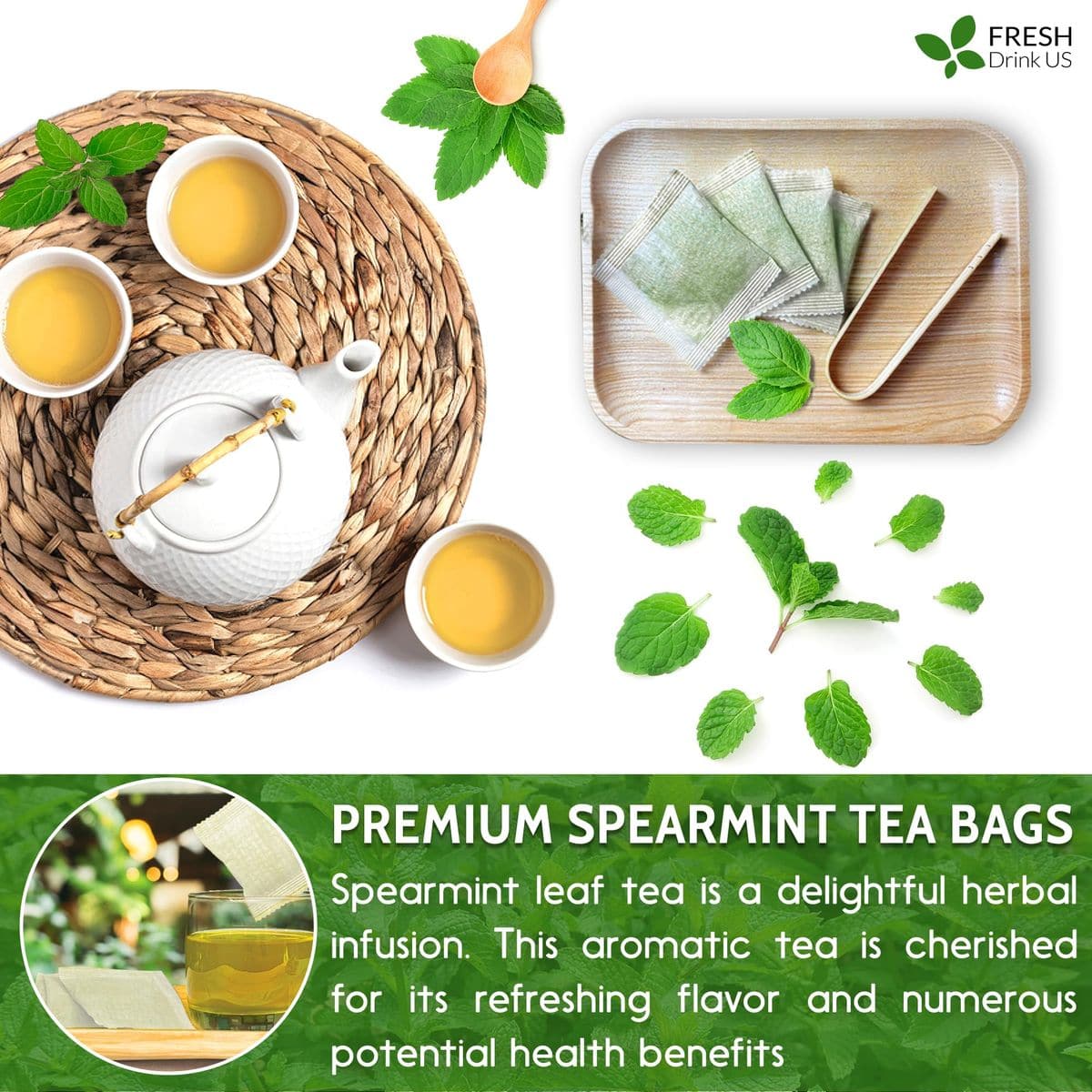 FreshDrinkUS Premium 45 Spearmint Tea Bags 100 Natural Spearmint Leaves Loose Leaf Spearmint Herbal Tea Spearmint Leaf Tea No Sugar No Caffeine No Gluten Vegan