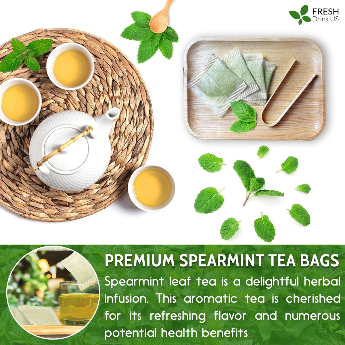 FreshDrinkUS Premium 40 Spearmint Tea Bags 100 Natural Spearmint Leaves Loose Leaf Spearmint Herbal Tea Spearmint Leaf Tea No Sugar No Caffeine No Gluten Vegan