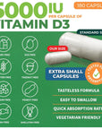 ForestLeaf - Vitamin D3 IU Weekly Supplement - Vitamin D Capsules for Bones, Teeth, and Immune Support - Easy Swallow Pure Vitamin D3 Caps (5,000 IU - 180 Count)