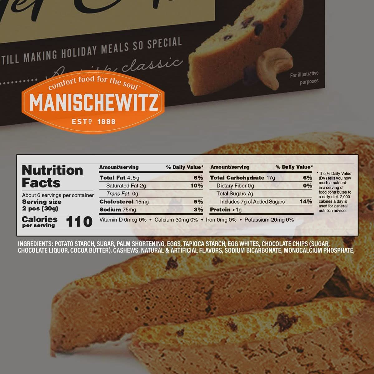 Manischewitz Chocolate Chip Nut Mandel Cuts 6oz Dairy Free Gluten Free  Grain Free Biscotti Kosher for Passover