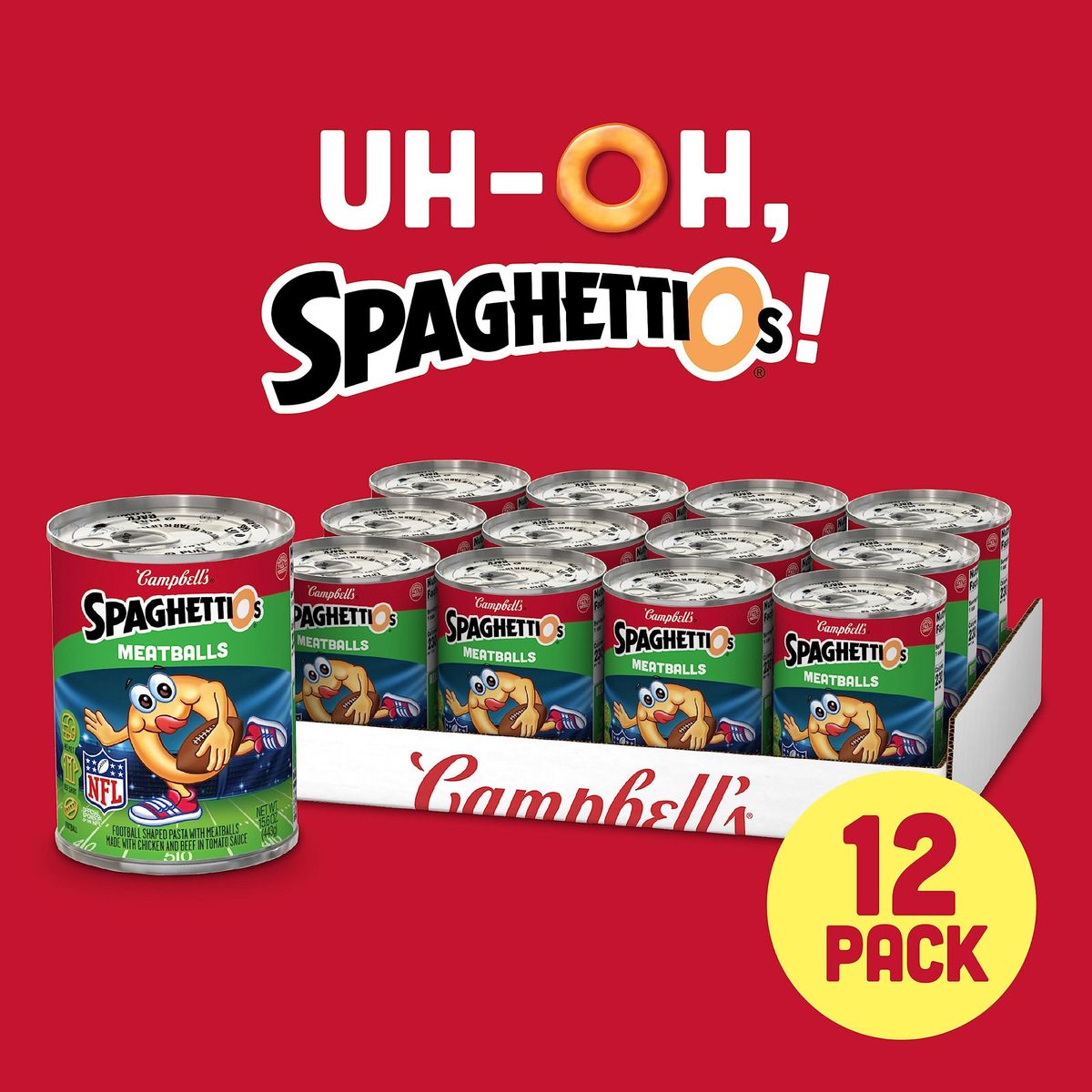 SpaghettiOs Football Shaped Canned Pasta with Meatballs, 15.6 oz Can (Pack of 12)