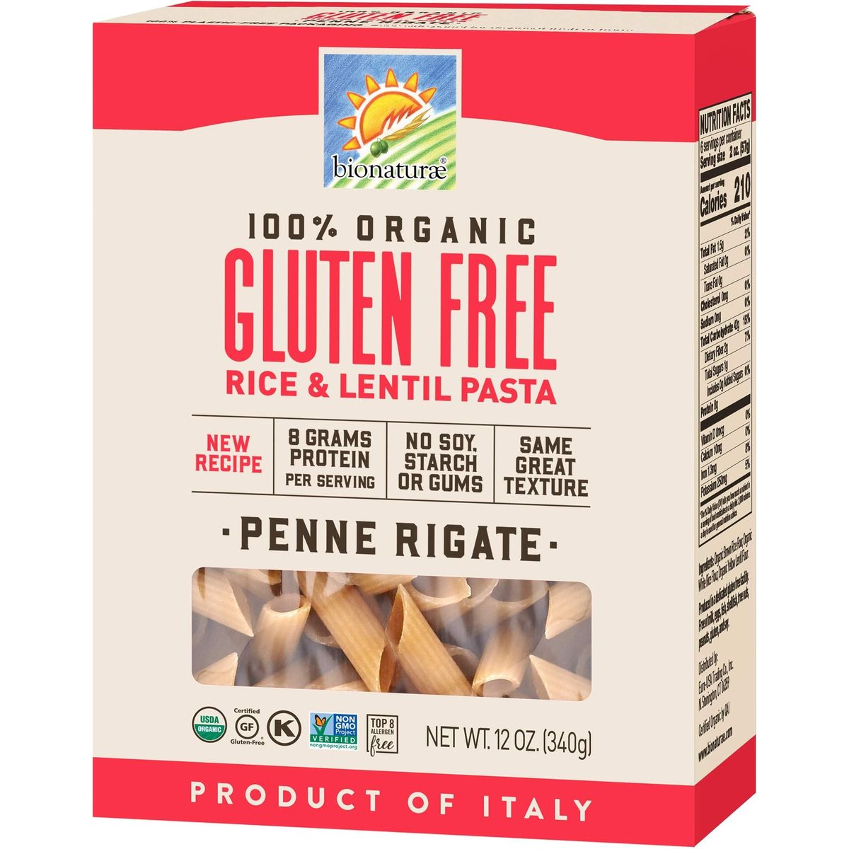 Bionaturae Penne Rigate Pasta Noodles - Gluten Free Pasta Organic, Rice &amp; Lentil Pasta, Kosher Certified, High Protein, Non-GMO Verified, USDA Certified, Gluten Free Pastas, Crafted in Italy - 12 Oz