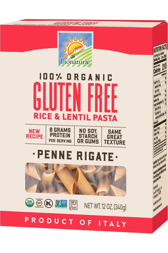 Bionaturae Penne Rigate Pasta Noodles - Gluten Free Pasta Organic, Rice &amp; Lentil Pasta, Kosher Certified, High Protein, Non-GMO Verified, USDA Certified, Gluten Free Pastas, Crafted in Italy - 12 Oz