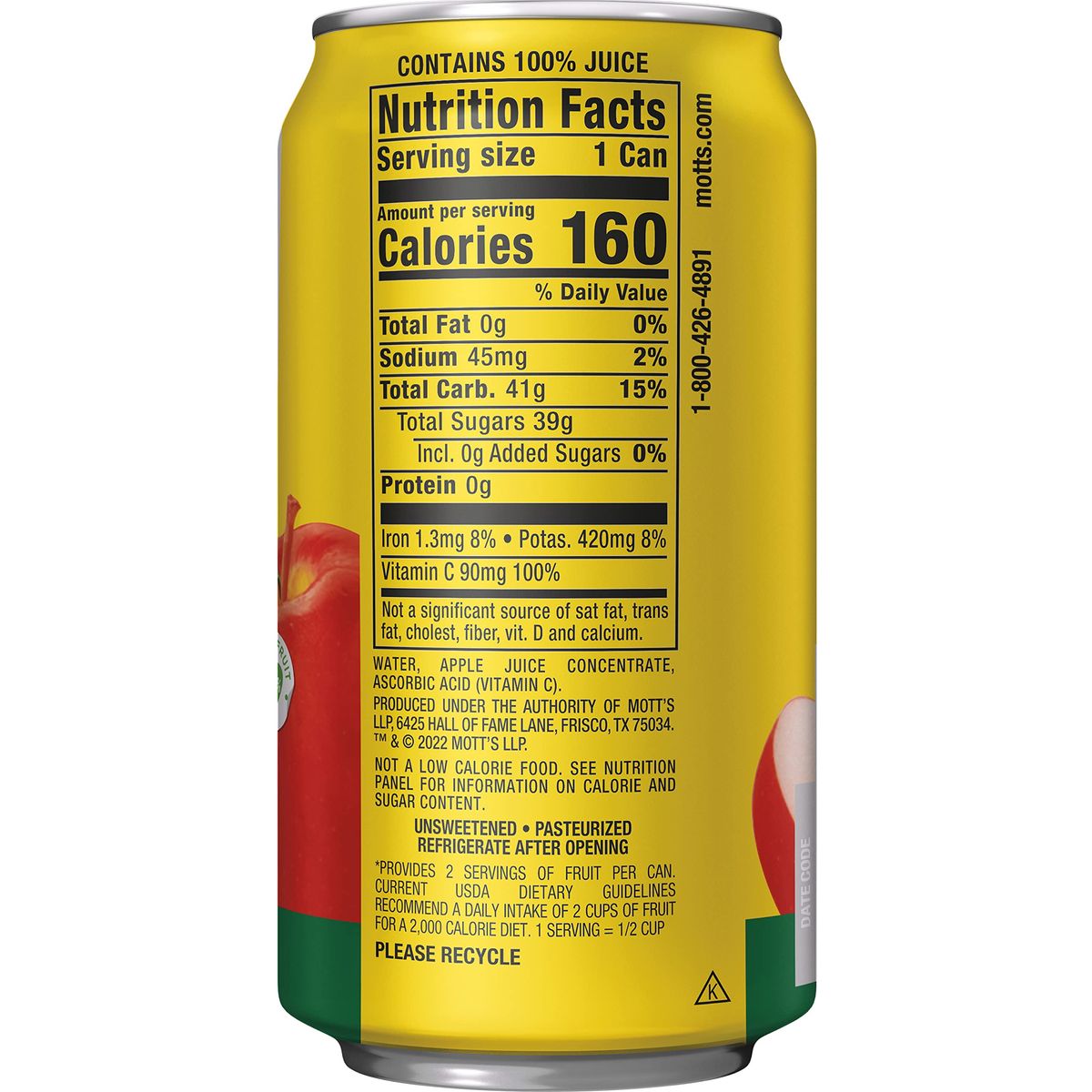 Motts 100 Original Apple Juice 115 Fl Oz Can 2 Servings Of Fruit Per Cup 100 Fruit Juice Glutenfree Caffeinefree Kosher And Contains No Artificial Colors Or Sweeteners