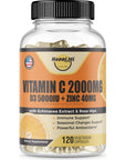 Happi Mi Nutrition Vitamin C 2000MG, Zinc 40 mg, Vitamin D3 5000 IU, Echinacea Extract, Rose Hip, Immune Support for Adults & Kids, Immune Booster,120 Vegan Caps, 60 Day Supply, Non GMO, No Filler