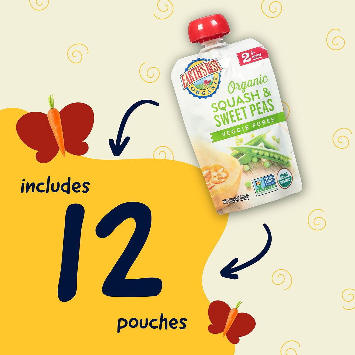 Earth&#39;s Best Organic Baby Food Pouches, Stage 2 Vegetable Puree for Babies 6 Months and Older, Organic Squash and Sweet Peas Puree, 3.5 oz Resealable Pouch (Pack of 12)