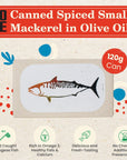 Canned Spiced Small Mackerel in Olive Oil by Jose Gourmet Wild Caught Portuguese Mackerel Tinned Fish in Olive Oil High Protein Sustainable Seafood Snacks Omega 3 Fair Trade 120g Can Pack of 8