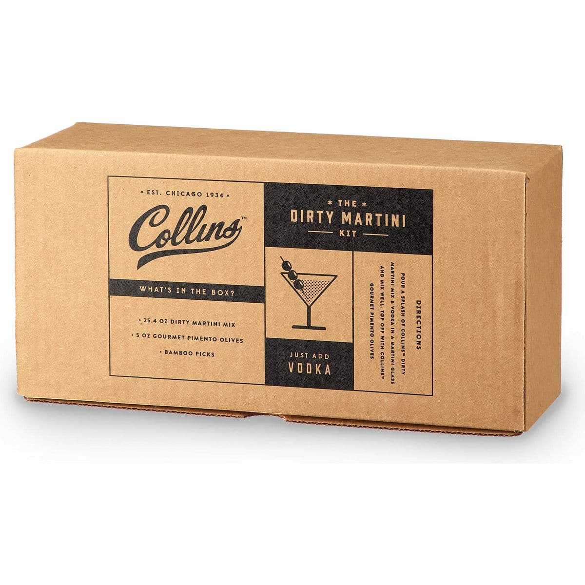 Collins Dirty Martini Kit Gin Cocktail Mix Stuffed Gourmet Olives Drink Picks Olive Brine Mixer Home Bar Accessories Home Bar Kit bartender Mixer Drinking Gifts Mixology Kit Set of 3