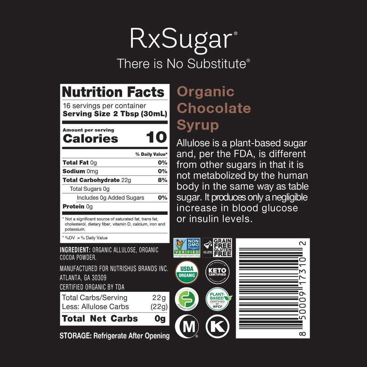 RxSugar Organic Chocolate Syrup 2Pack  Allulose sweetener  DiabetesSafe Natural Sugar  Keto Certified  NonGMO Project Verified  GlutenFree Certified