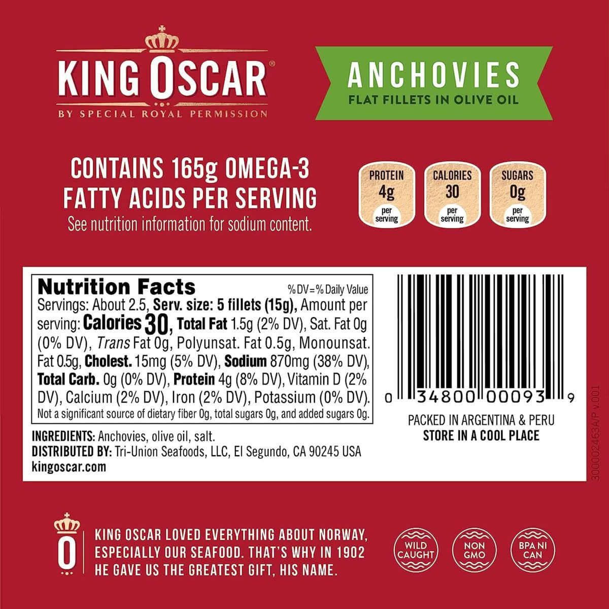 King Oscar Flat Anchovies NonGMO Kosher Certified GlutenFree 2 oz Can Pack of 3 with By The Cup Toothpick Dispenser