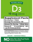 Vitamin D3 400 iu (10 mcg) | 100 Tablets | Vegetarian, Non-GMO, Gluten Free Supplement | By Nature's Truth