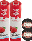 Island Oasis Strawberry Fruit Puree 1 Liter Pack of 2 with By The Cup Coasters