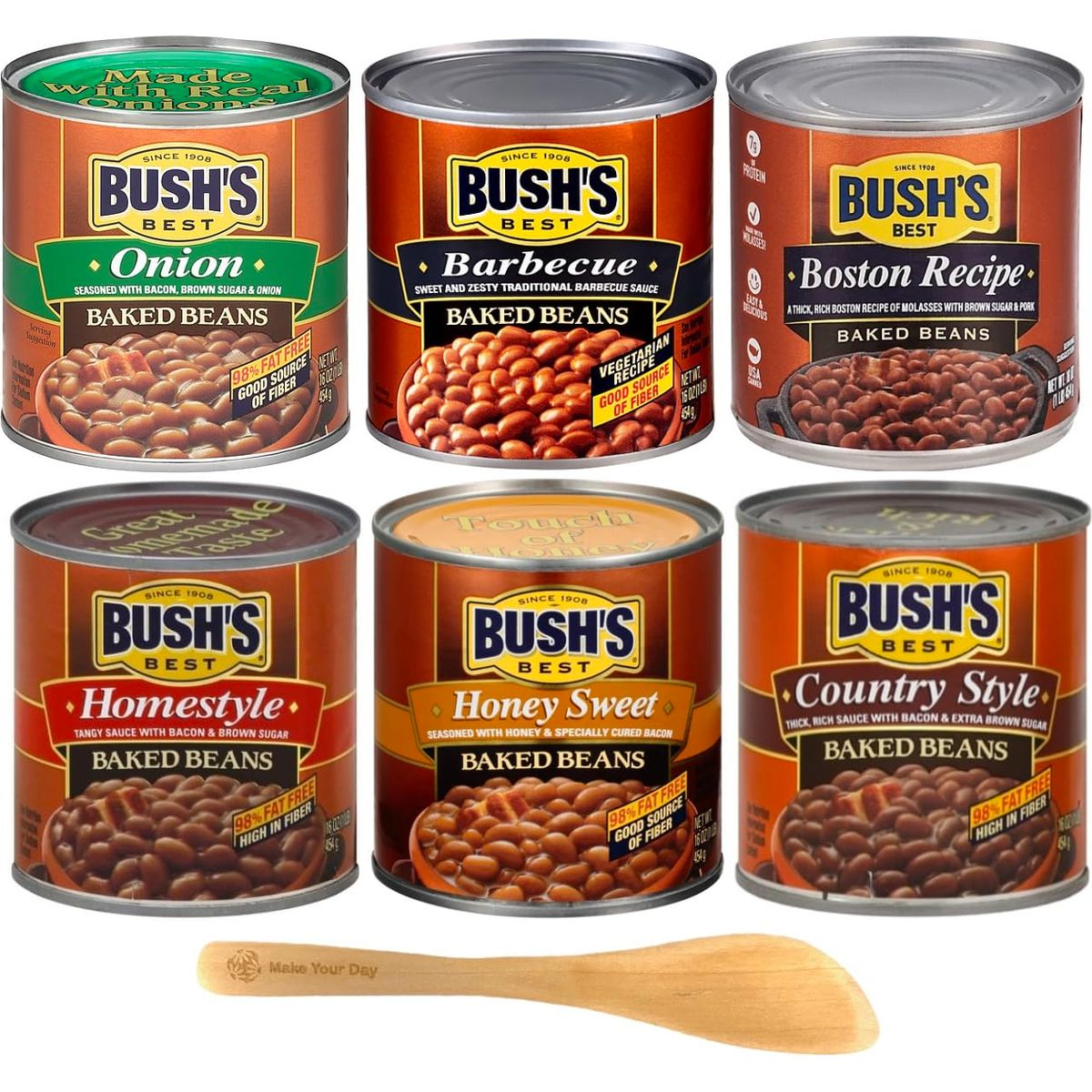 Bushs Best Baked Beans Onion Barbecue Boston Recipe Homestyle Honey Sweet and Country Style 16 Ounce Pack of 6  with Make Your Day Mini Spatula