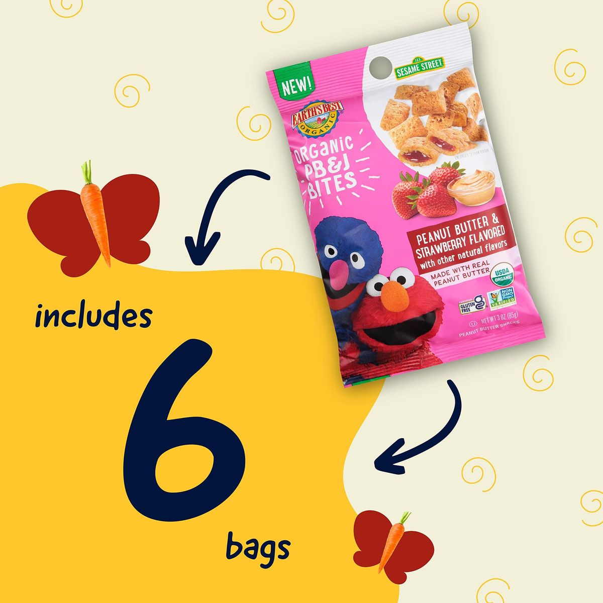 Earth&#39;s Best Organic Kids Snacks,Sesame Street Toddler Snacks,Organic PB&amp;J Bites for Toddlers 2 Years and Older,Peanut Butter and Strawberry Flavored with Other Natural Flavors,3oz Bag (Pack of 6)