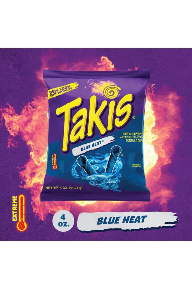 Takis Blue Heat Rolled Spicy Tortilla Chips, Hot Chili Pepper Flavored, Multipack with 6 Individual Bags, 4 Ounces Each