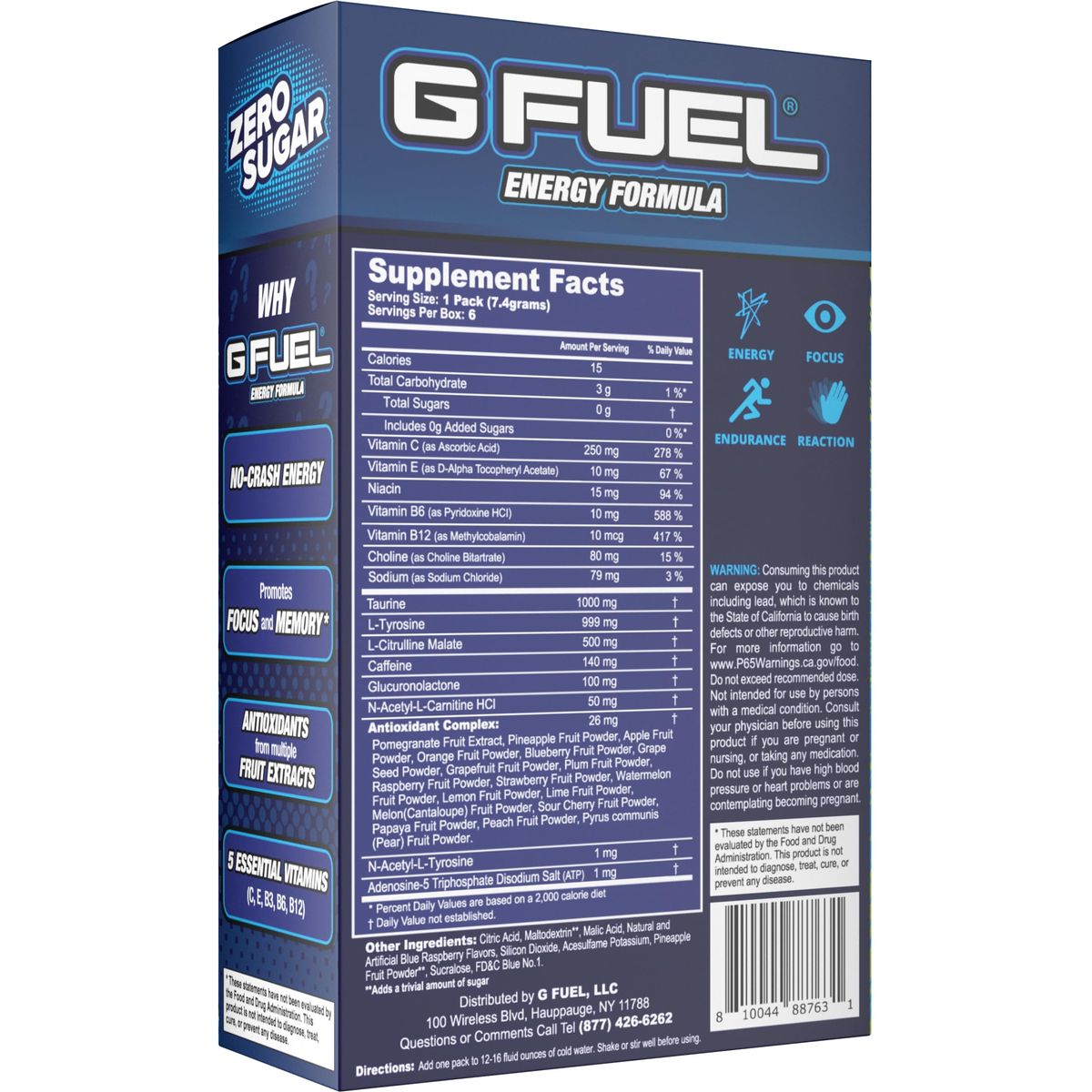 G Fuel FaZe Rug Energy Powder Packets Sugar Free Clean Caffeine Focus Supplement Water Mix Sour Blue Raspberry Flavor Focus Amino Vitamin  Antioxidants Blend  6 Stick Pack 025 oz