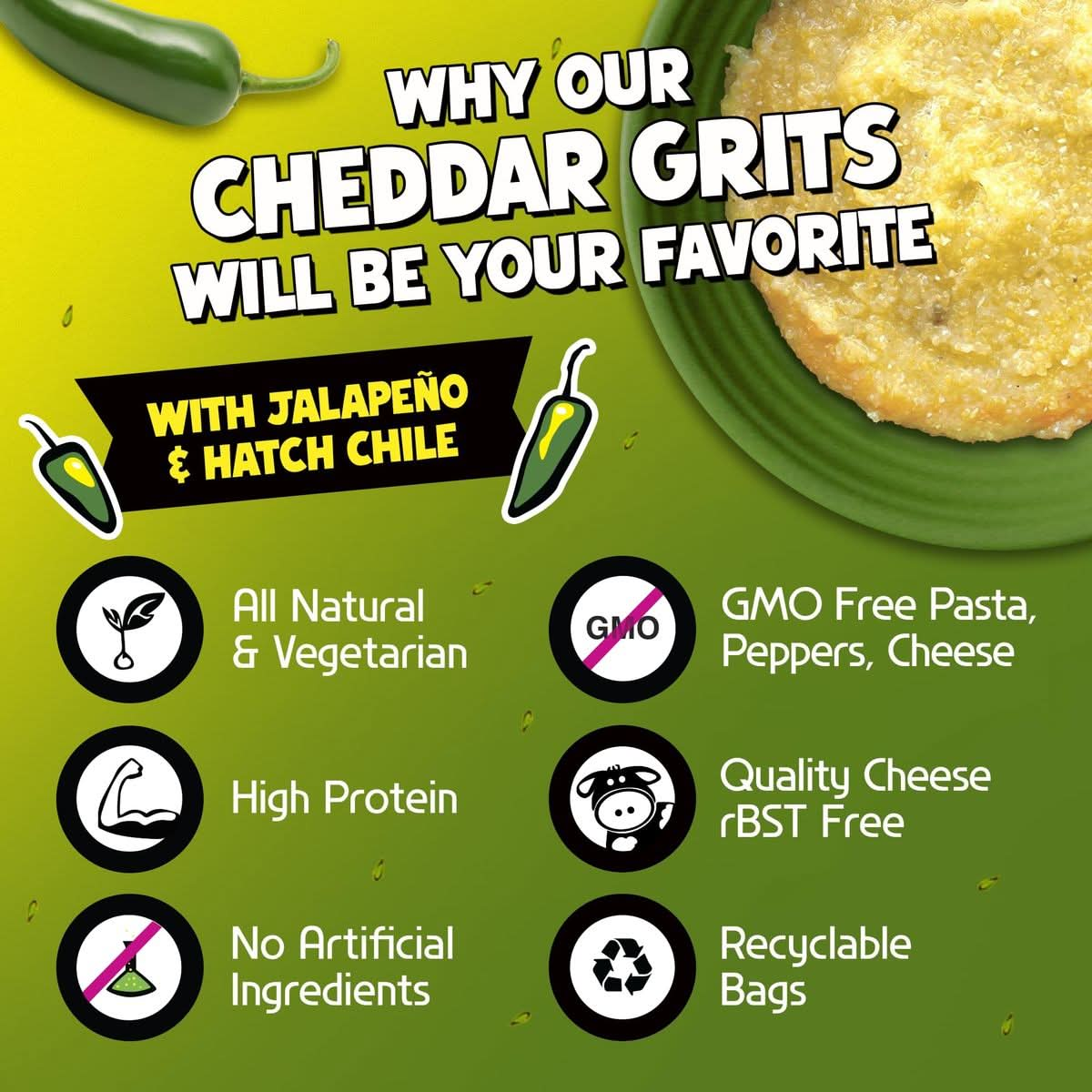 Jalapeno Yellow Corn Grits with Cheddar Cheese  Hatch Green Chile  Garlic by FishSki Provisions 6 oz bags 2 pack