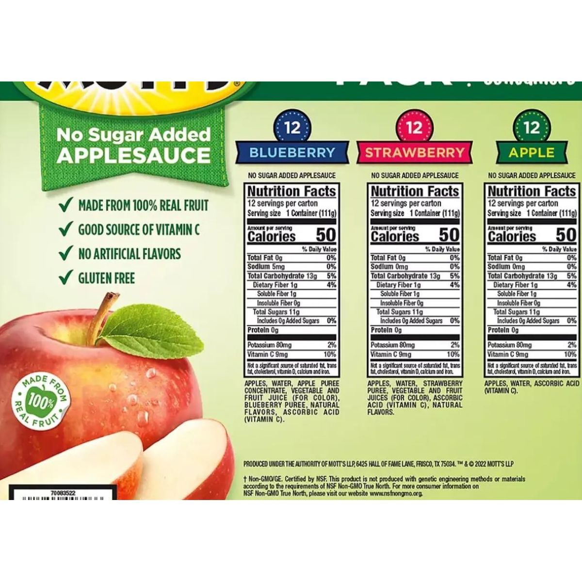 Motts Applesauce No Sugar Added Apple Strawberry and Blueberry Variety Pack Applesauce39OZ 12 Count