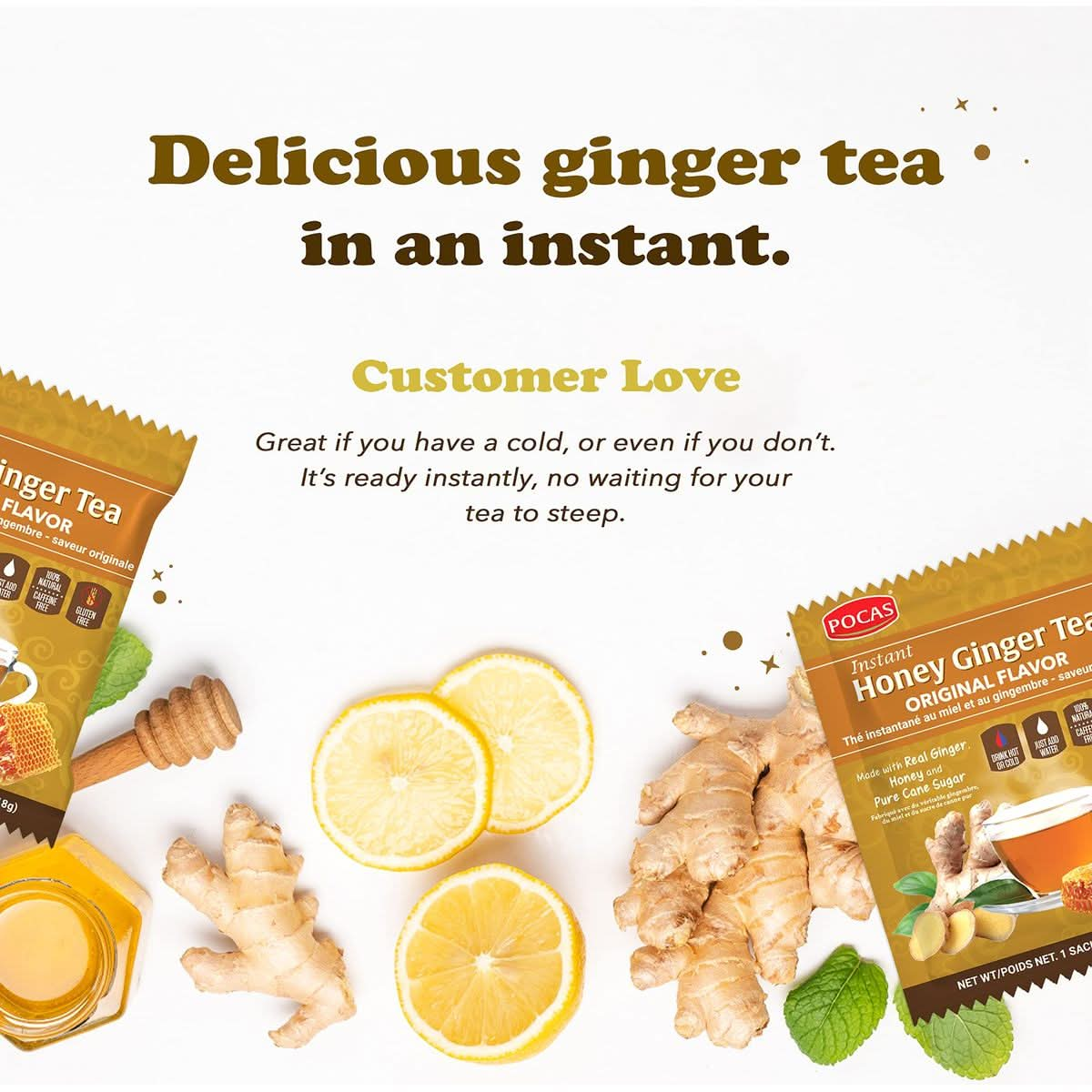 Pocas Honey Ginger Tea Variety Set  Instant Tea Powder Packets Ginger Honey Crystals Tea Original  Soursop Flavors NonGMOGluten FreeCaffeine Free Tea 20 Count Pack of 2