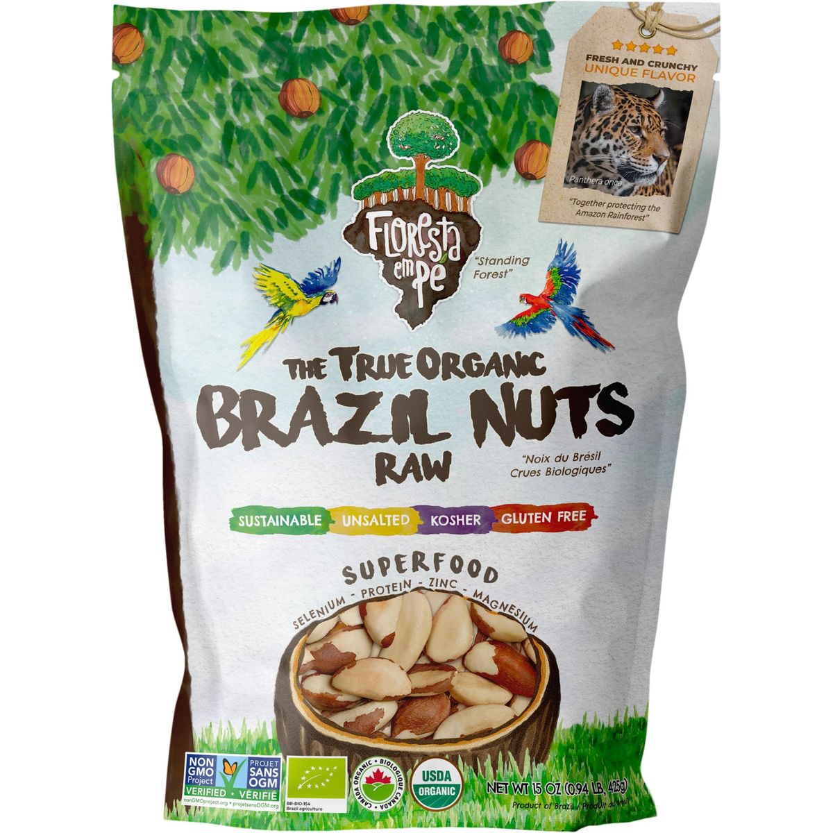 Floresta em Pé The True Organic Premium Brazil Nuts (15oz) Raw &amp; Unsalted | Kosher | Non-Gmo | Certified Organic | Fresh | Vegan | Gluten Free | Keto &amp; Paleo Friendly | Sustainably Harvested