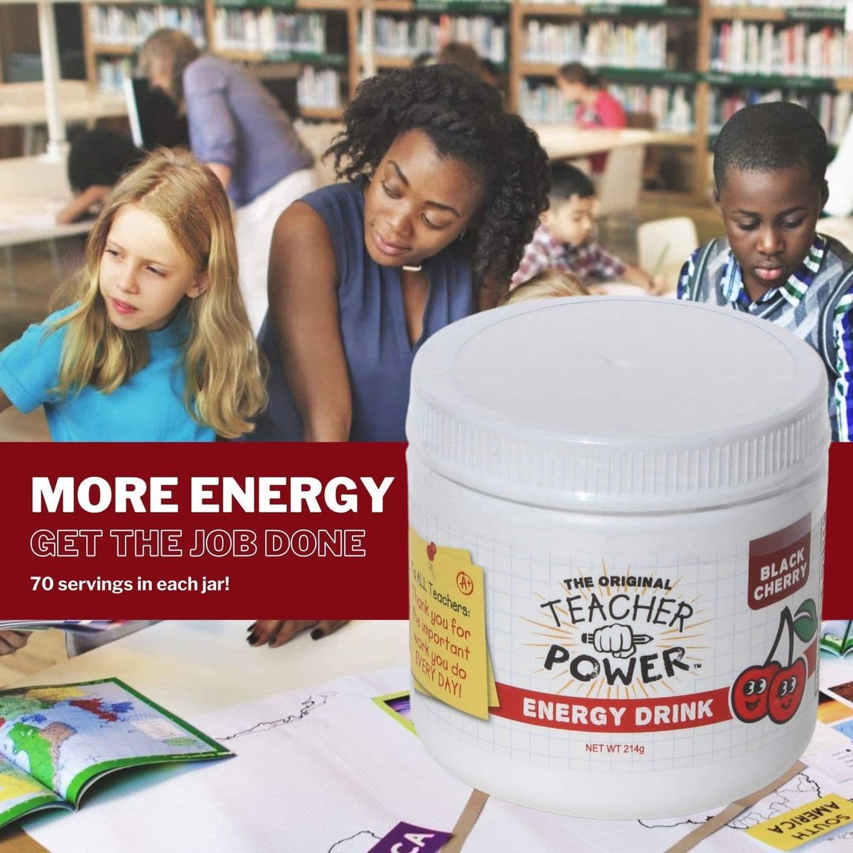 Teacher Power The Original in Black Cherry Sugar Free Energy Drink 70servings per Jar 100mg Caffeine with B Vitamins