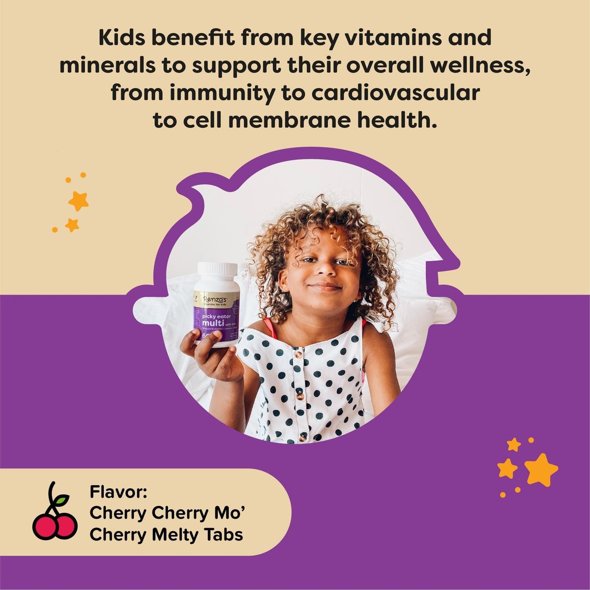 Renzo&#39;s Picky Eater Kids Multivitamin with Iron, Dissolvable Multivitamin for Kids, Sugar Free Cherry Flavored (60 Melty Tabs)