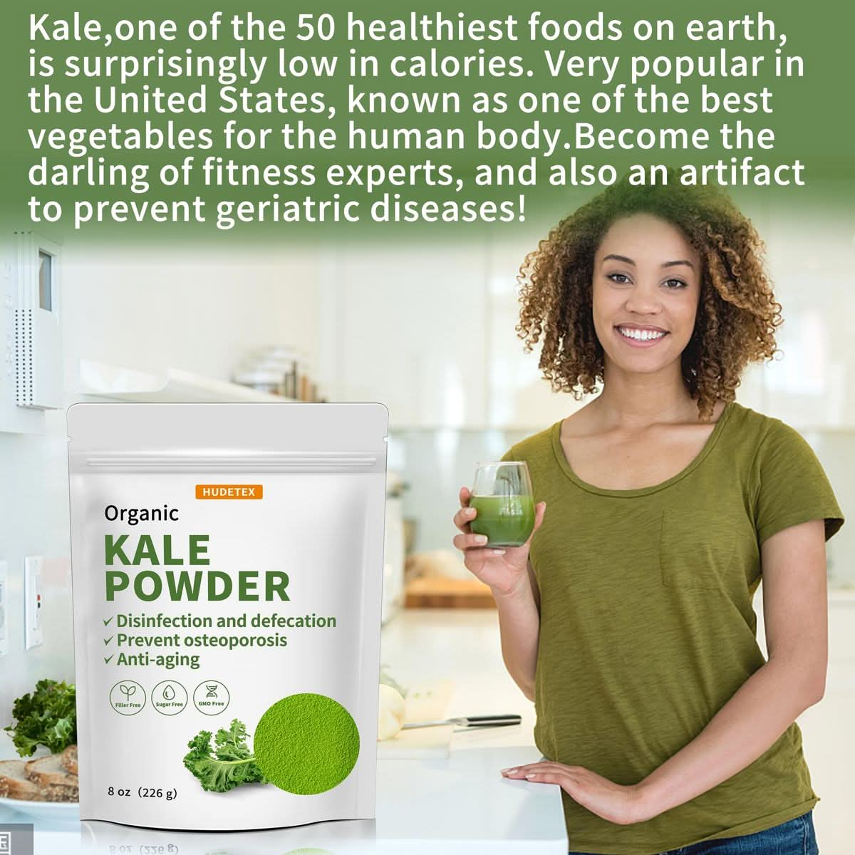 Hudetex Kale Powder Organic  Green Juice Powder for Kale DrinkSupports Immune System  Digestive FunctionKeep YouthRich in Dietary Fiber  Mineral Vegan 8oz