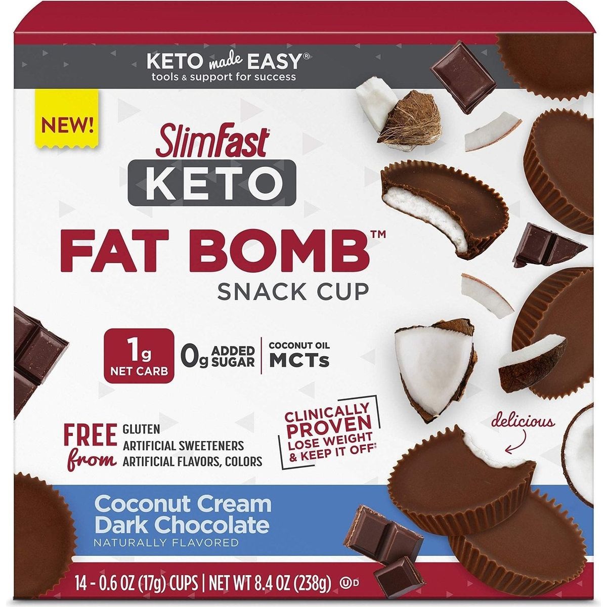 SlimFast Keto Fat Bomb Snack Cup, Coconut Cream Dark Chocolate, Keto Snacks for Weight Loss, Low Carb with 0g Added Sugar, 14 Count Box (Packaging May Vary)