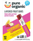 Pure Organic Layered Fruit Bars, Gluten Free and Vegan, Kids Fruit Snacks, Raspberry Lemonade, 6.2oz Box (12 Bars)