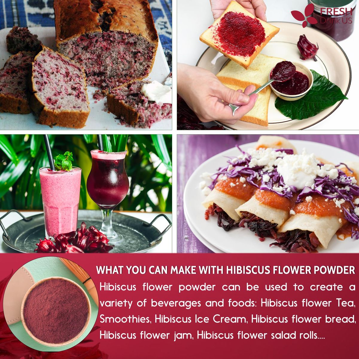 FreshDrinkUS Premium 28oz Hibiscus Flower Powder 100 Natural and Pure from Hibiscus Flowers Natural Food Coloring Hibiscus Flowers Tea No Additives No Gluten No Sugar Vegan