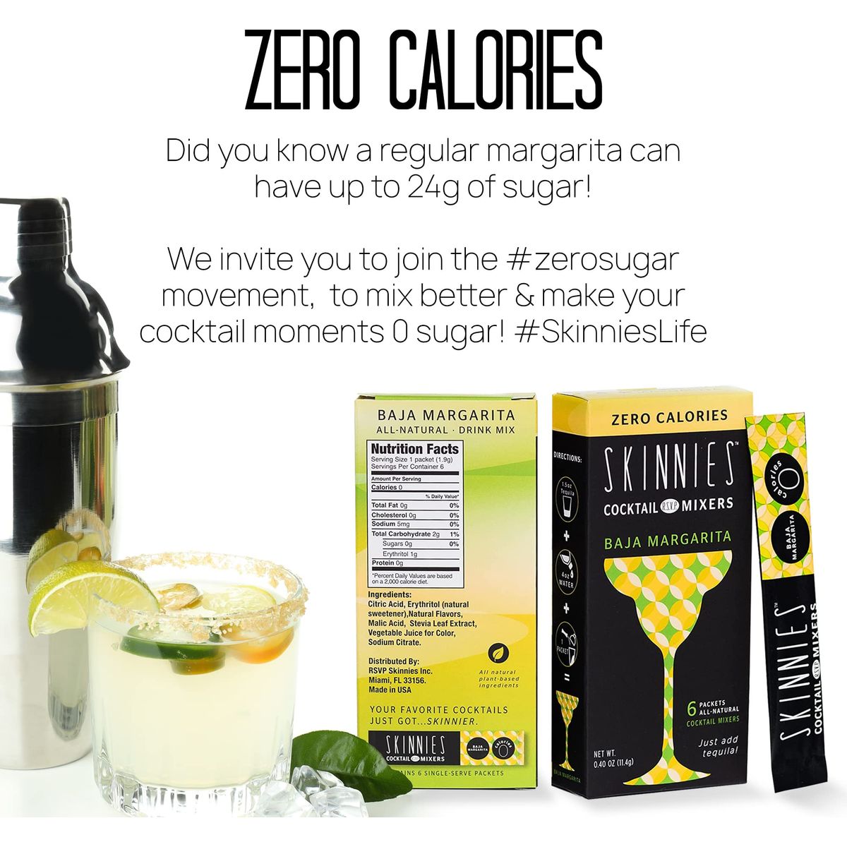 RSVP Skinnies Baja Margarita  Zero Sugar Mixers for Cocktails or Mocktails  No Aspartame Gluten Free  Made from Plants and Natural Ingredients  Margarita Drink Mix 4 boxes24 packets